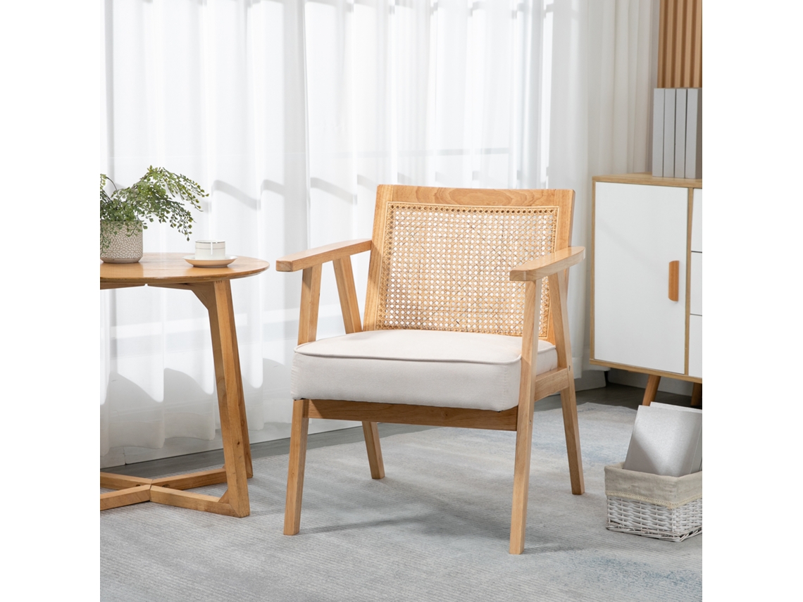 Cadeira De Estofamento Exótica, Madeira Borracha, Almofada Em Estilo Linho, 63l X 69b X 78h Cm, Creme