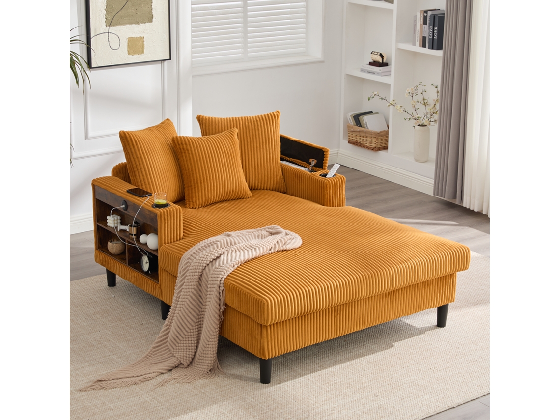 Lounge Multifuncional Em Veludo Cotelê Chaise, Descanso Amplo, Porta-copos Dupla Face, Luz Led, Bolso, Compartimento, Usb E Pés Plásticos.