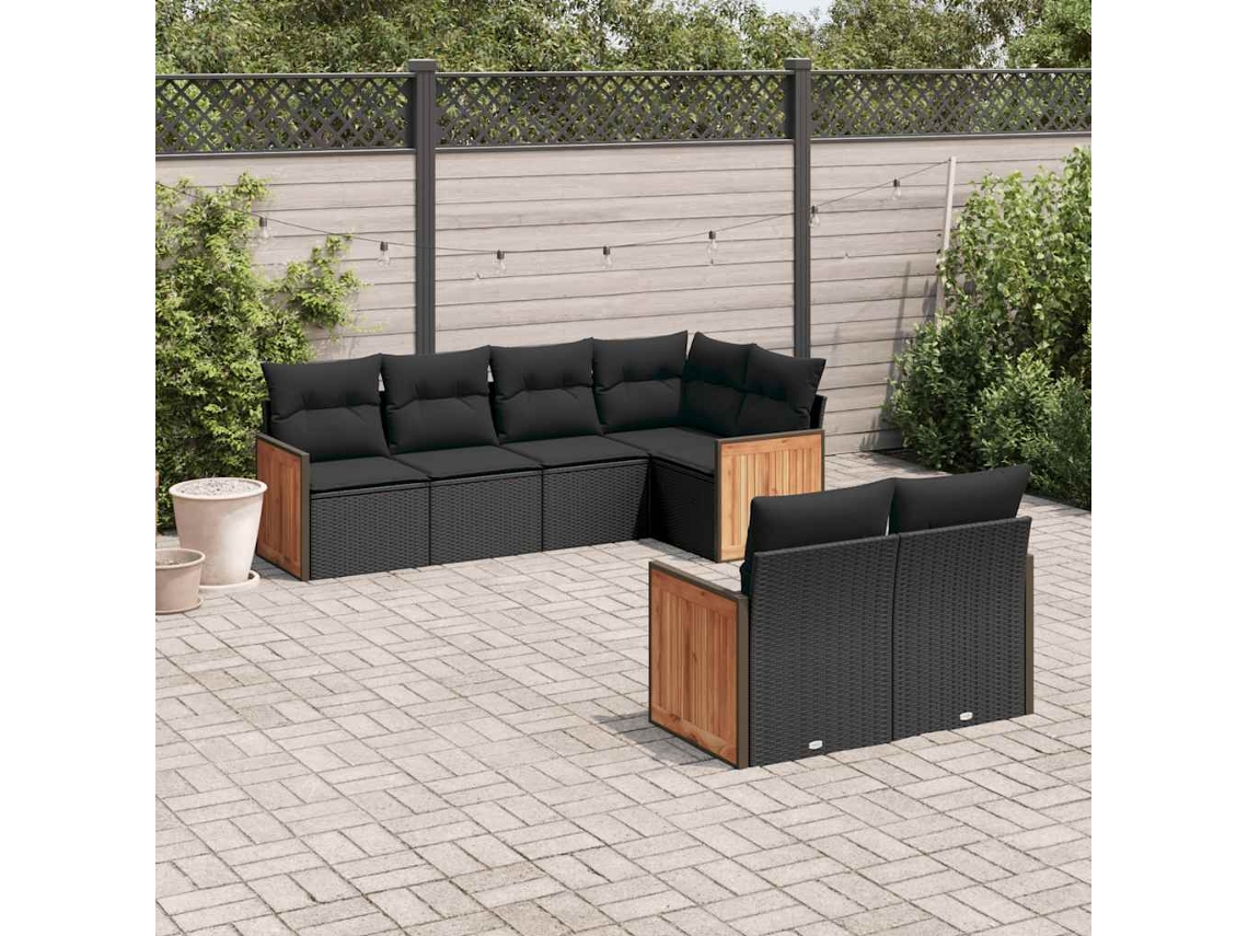 Vidaxl 7 Pcs Conjunto De Sofás P/ Jardim C/ Almofadões Vime Pe Preto
