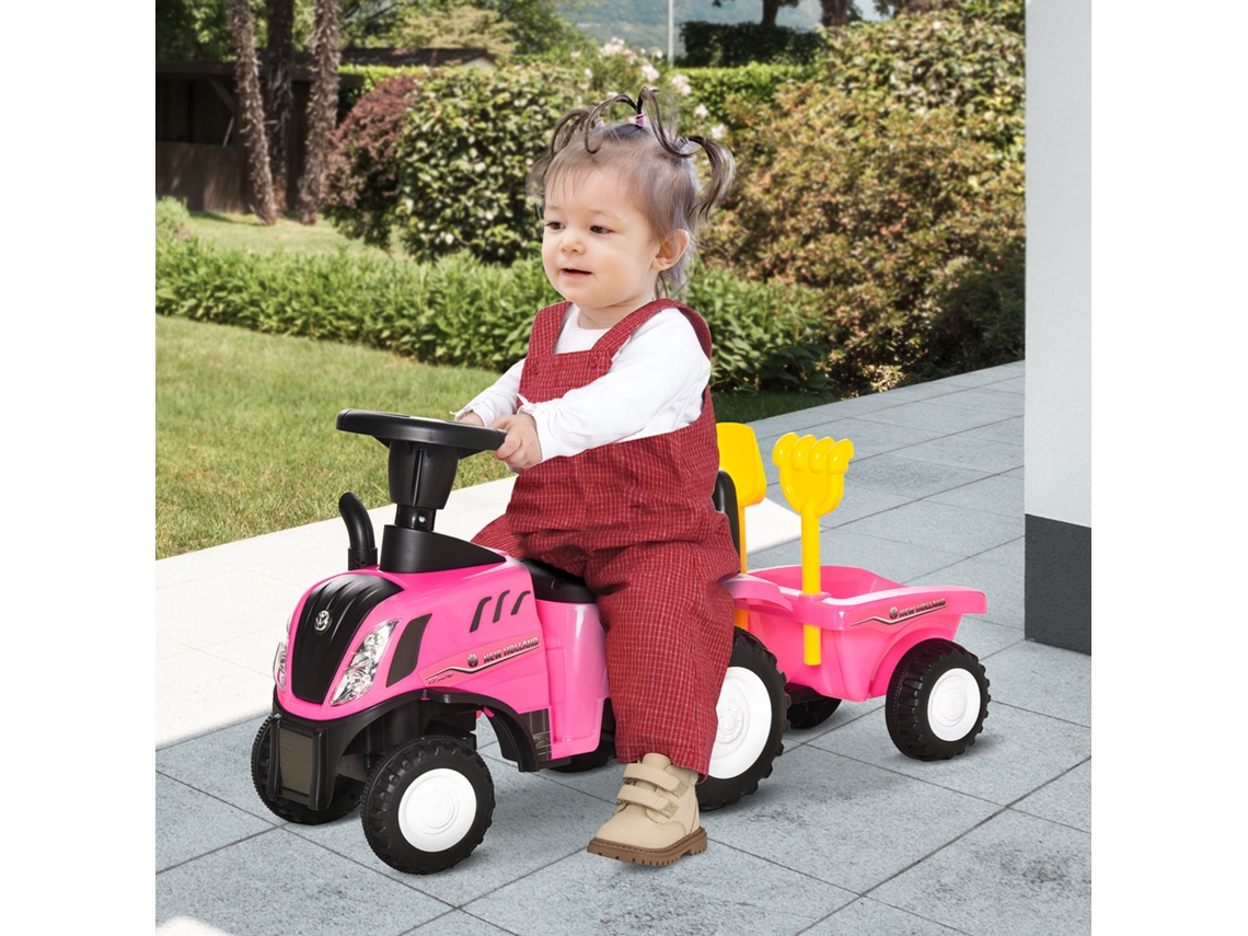 Trator para Crianças de 12 36 Meses com Reboque Removível Carro Andador com Buzina Farol Pá e Ancinho Carga 25kg 91x29x44cm Rosa