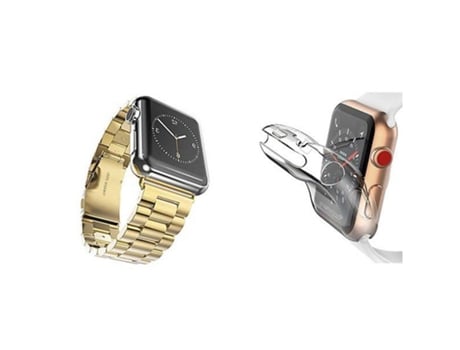 Kit Pulseira Bracelete Aço Stainless Lux Ferramenta Capa 360° Impact Protection Apple Watch Series 5 40Mm ATYULNM Ouro