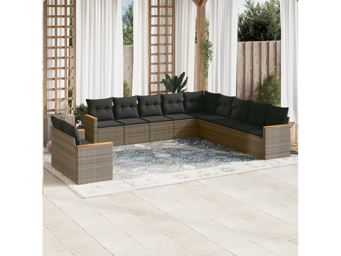 Vidaxl 11 Pcs Conjunto Sofás De Jardim C/ Almofadões Vime Pe Cinzento