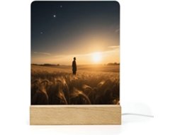 Luminária noturna de LED com base, representando o nascer do sol em um campo de trigo, ideal para banheiro e corredor.