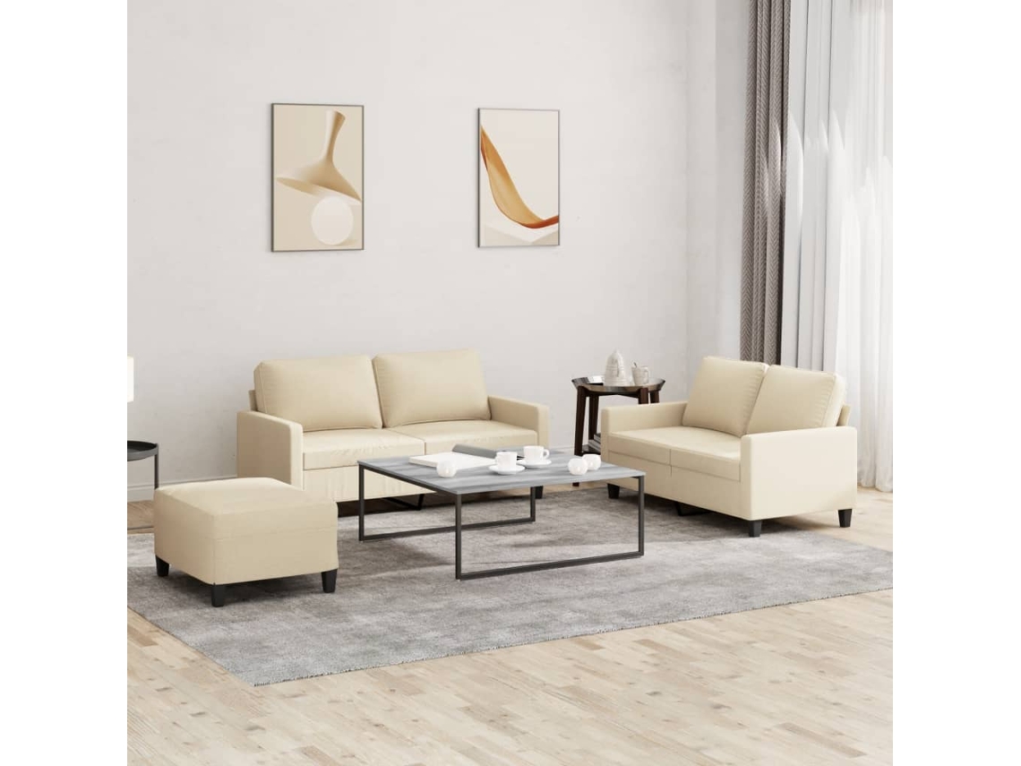 Vidaxl 3 Pcs Conjunto De Sofás Com Almofadões Tecido Cor Creme
