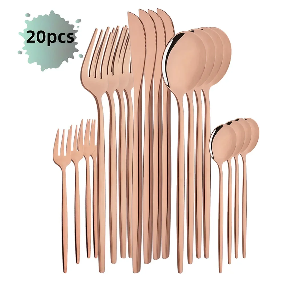 Talheres em Aço Inoxidável com Acabamento Polido Espelhado, Perfeitos para Casa, Restaurante e Casamento. MDUG (conjunto de 20 Peças em Ouro Rosa)