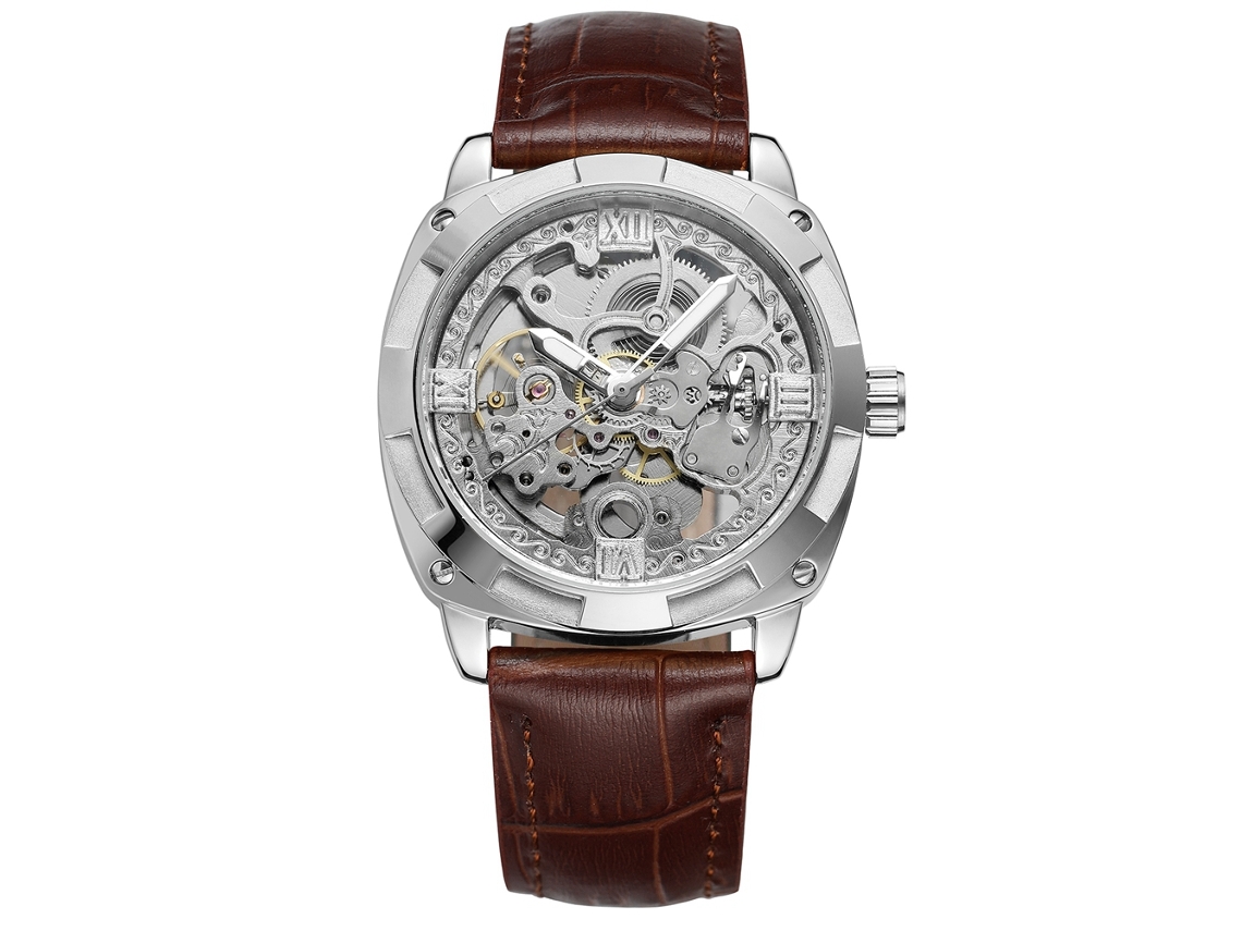 Relógio masculino automático mecânico elegante com pulseira de couro PU (marrom prateado)