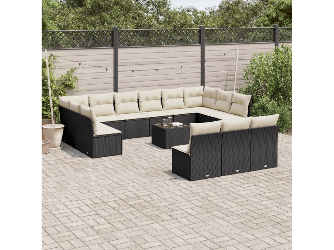 Jogo de Sofá 14 Peças P/ Jardim C/ Almofadões Vime Pe Preto Dkd Home Decor