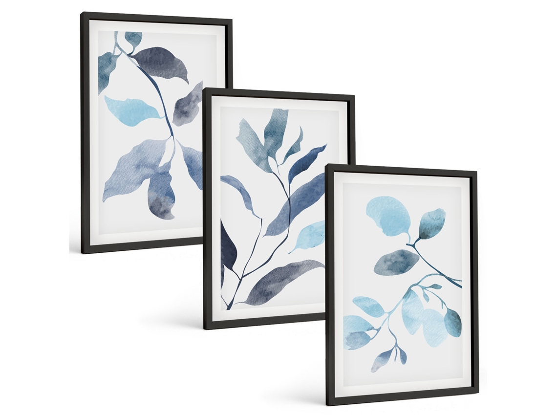 Quadros Decorativos Para Parede Folhas Azuis, Aquarela Moldura Preta Imagens Para Um Quarto Infantil Espelharte (3 Piezas De 40x60 Cm)