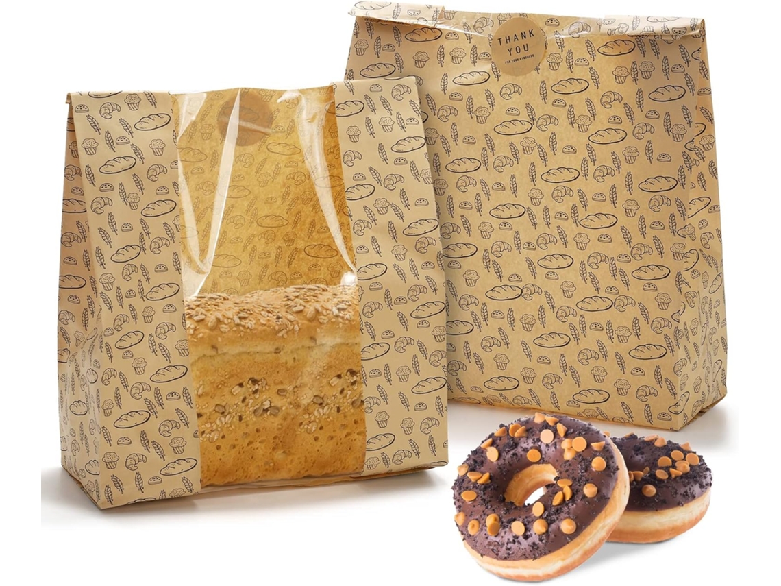 Pacote Com 100 Sacos De Papel Para Pão Hacaroa Janela Transparente, 108x10x4 Cm. Kraft Padaria Adesivos. Embalagem Marrom Torradas E Bolos.