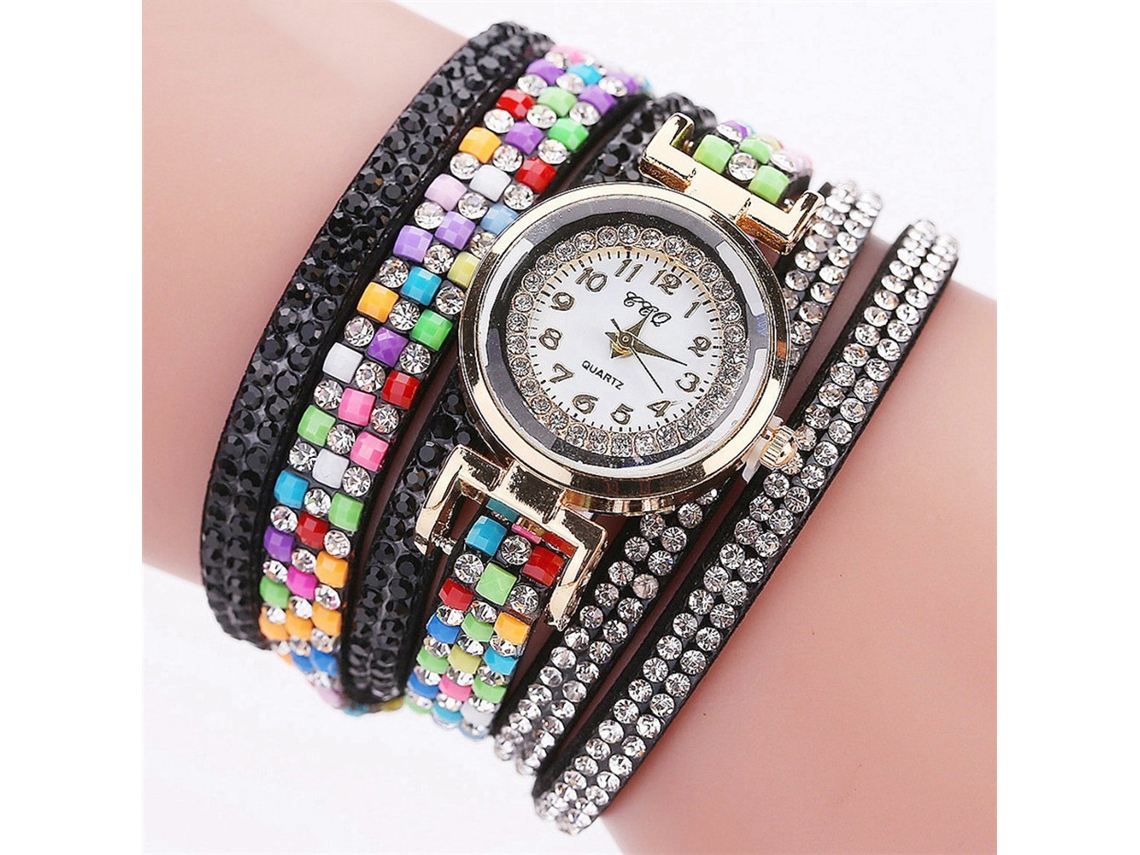 Relógio de Pulso Feminino com Strass Camurça Multicamadas Moda Quartzo Preto Ccq