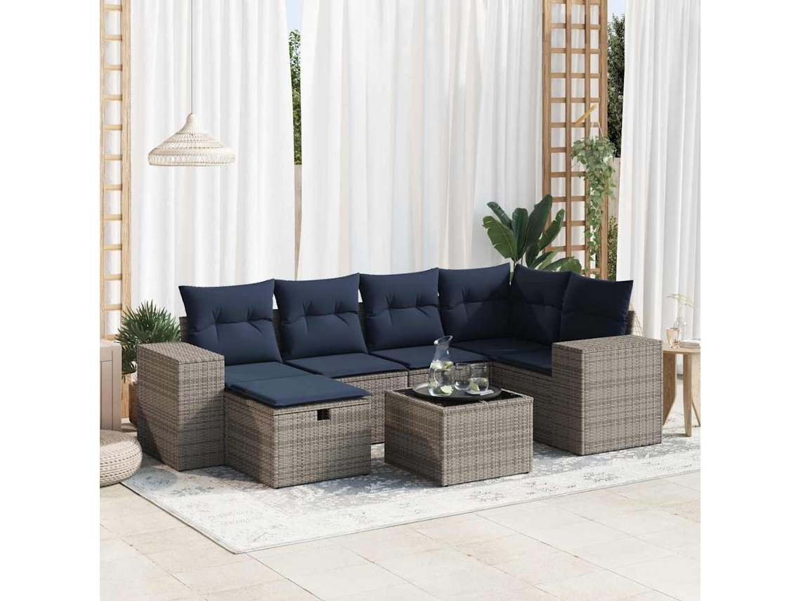 Vidaxl 7 Pcs Conjunto Sofás P/ Jardim C/ Almofadões Vime Pe Cinzento
