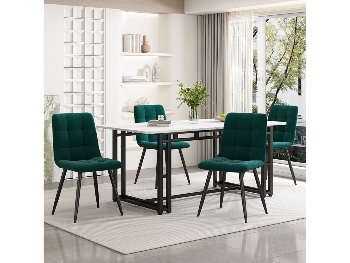 Conjunto de mesa PAPRIKA 140x80 cm com 4 cadeiras verde-escuras em veludo e estrutura de ferro para cozinha moderna.