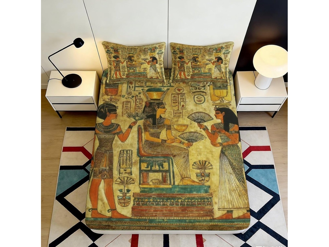 Conjunto de Cama com Estampa 3d Arte Egípci Microfibra Fronha 200x25cm