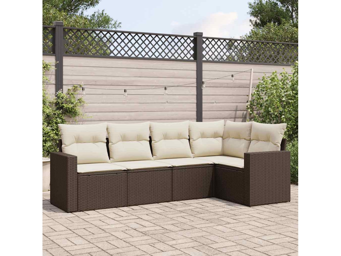 Vidaxl 5 Pcs Conjunto Sofás P/ Jardim C/ Almofadões Vime Pe Castanho