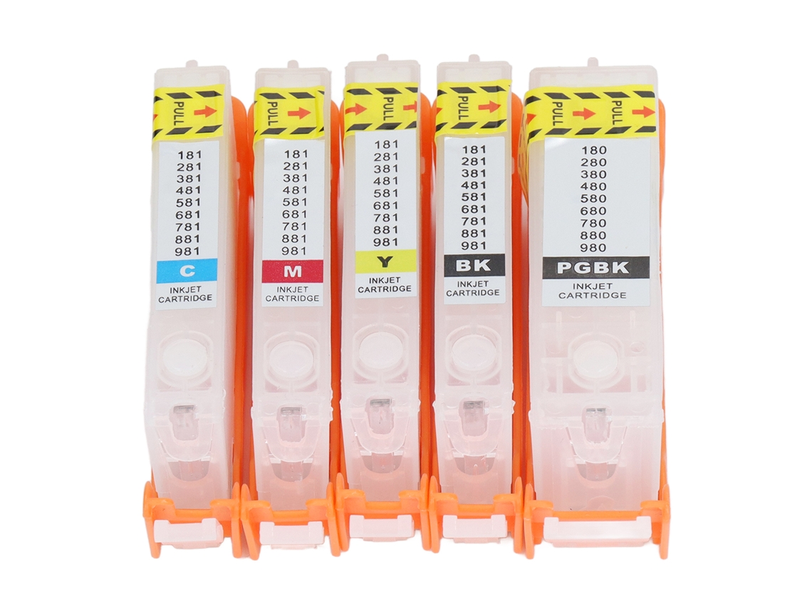 Conjunto de 5 cartuchos de tinta reutilizáveis com chip permanente nas cores PGBK, BK e CMY para impressora.
