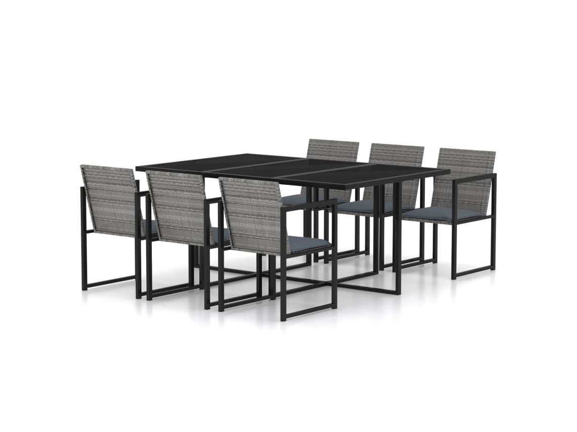 Vidaxl 7 Pcs Conjunto Jantar Exterior Com Almofadões Vime Pe Cinzento