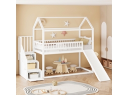 Cama Alta Infantil 90x200cm Branca Com Escorrega, Escada De Armazenamento E Grades Altas