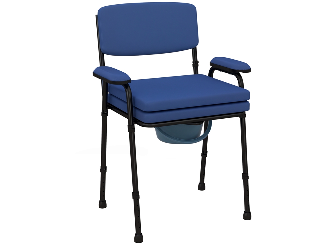 Cadeira Sanitária Multifuncional com Balde Removível, Altura Ajustável, Assento e Apoios de Braço Acolchoados, Azul.