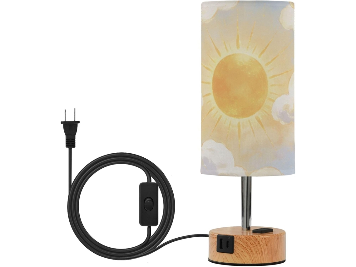 Luminária De Mesa Cabeceira Yuiboo Touch Lamp With Estampa Aquarela Sol E Nuvem, Portas USB CEA, Lâmpada Led Inclusa