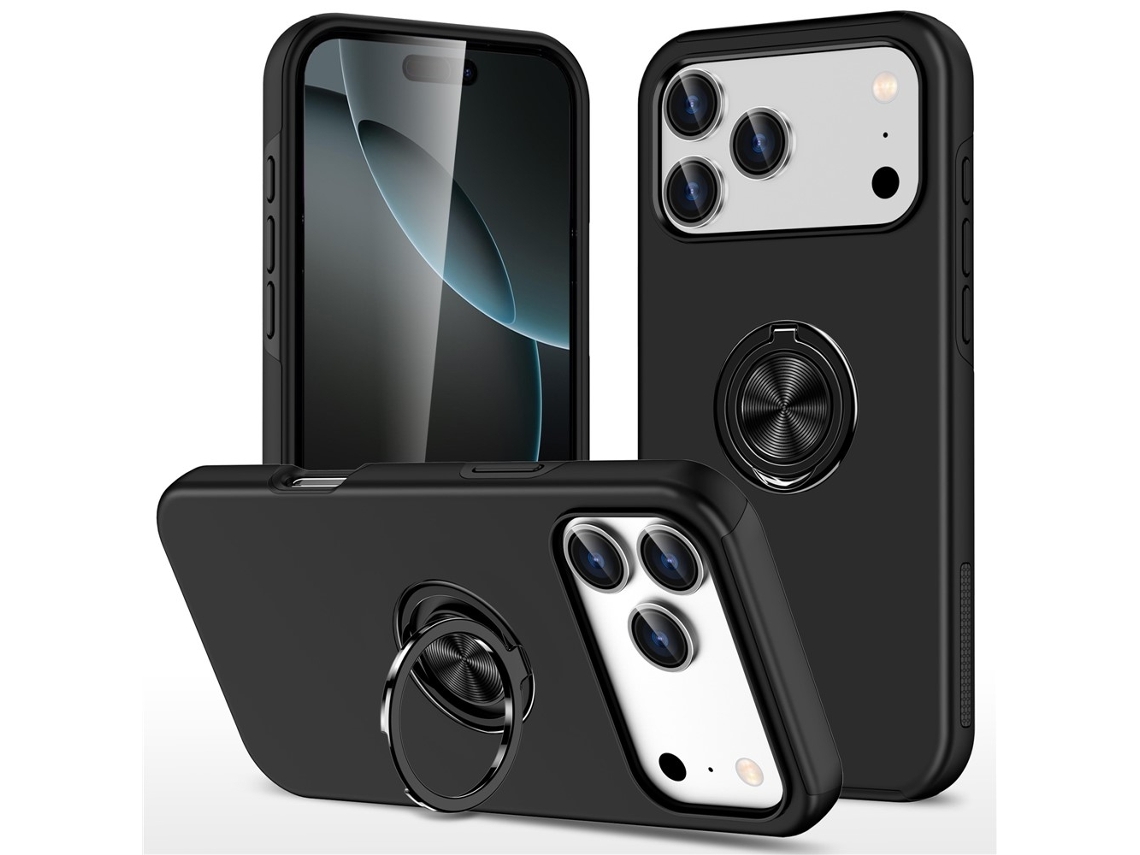 Capa Compatível Com Iphone 17 Pro, Capa Híbrida Com Anel Para Dedo - Preta