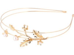 Tiara feminina elegante em tom dourado com luzes, dois buquês e pérolas.