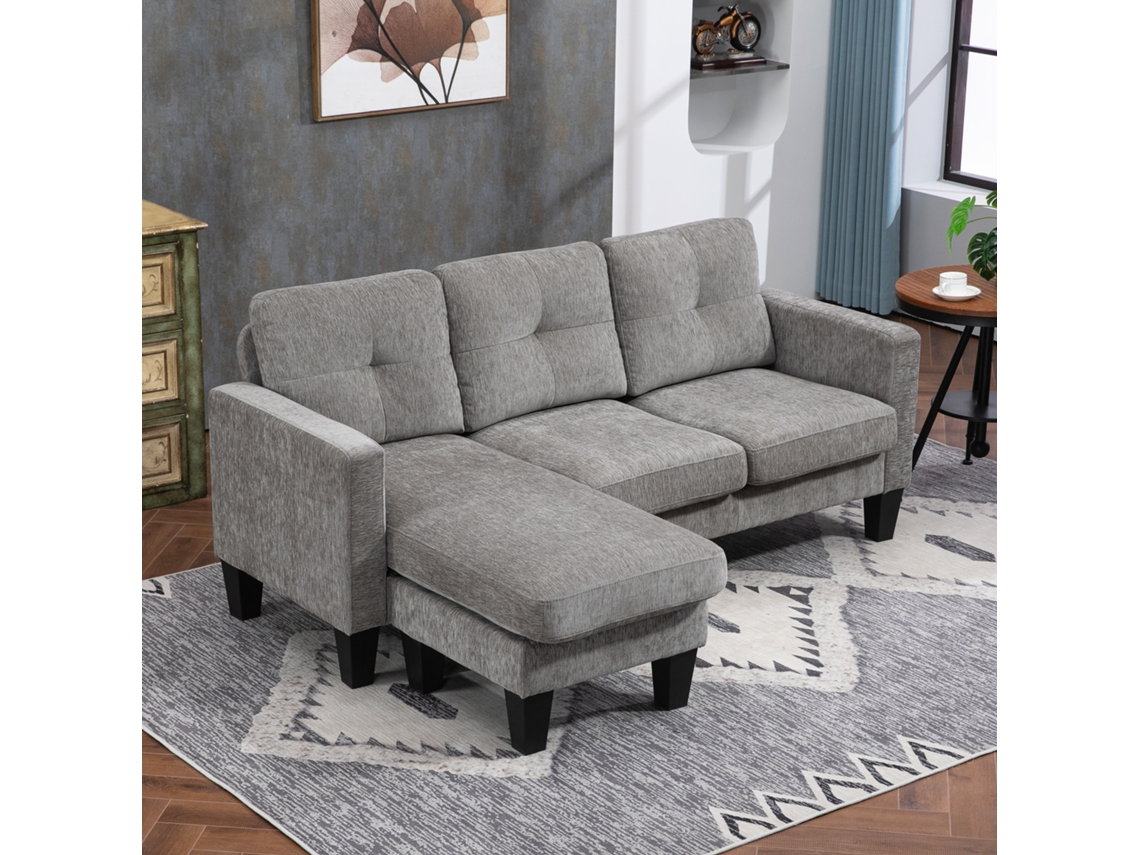 Sofá De Canto Para 3 Lugares, Revestido Em Tecido Com Toque Chenille, Almofadas No Assento E Encosto, Dimensões 186x130x84 Cm, Cor Turtledove -br