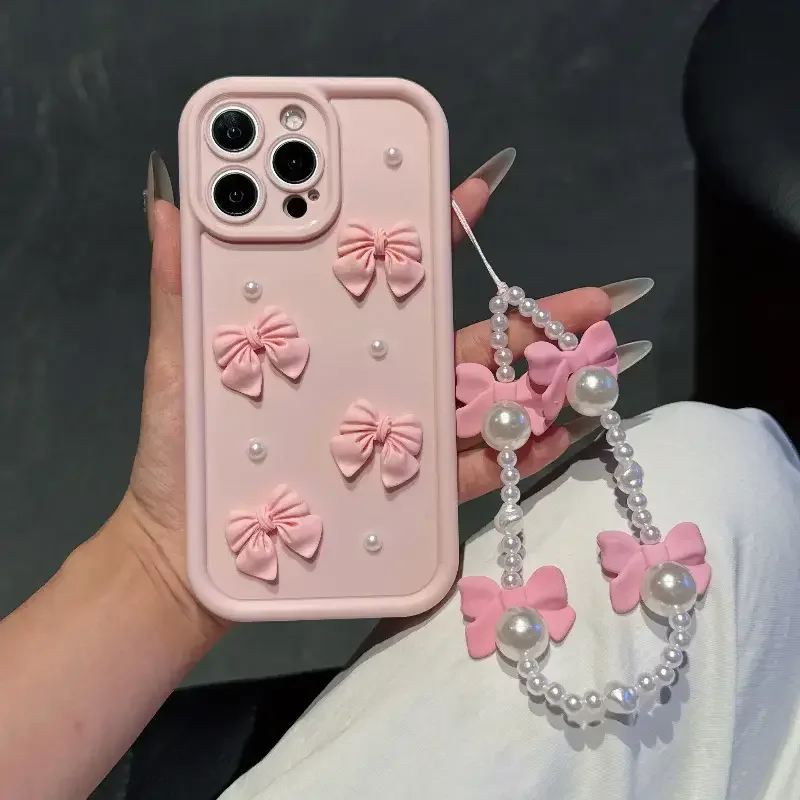 (iphone 14 Plus Rosa) Capa De Silicone Fofa Com Laço De Pérola 3d E Proteção Para Lente.