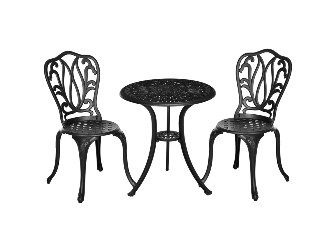 Conjunto de Jardim com 3 Peças com 2 Cadeiras Externas e Mesa de Vidro com Buraco para o Guarda sol. em Alumínio. Preto Ge