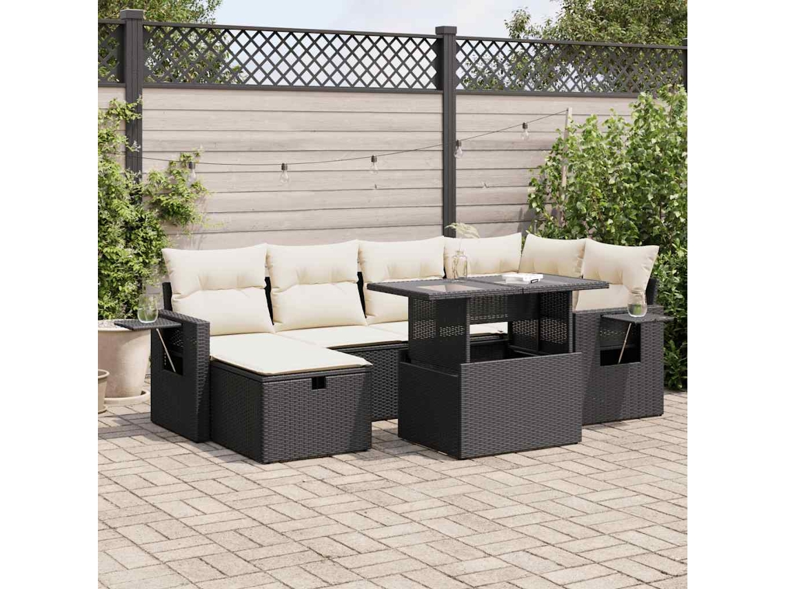 Vidaxl 7 Pcs Conjunto De Sofás P/ Jardim C/ Almofadões Vime Pe Preto
