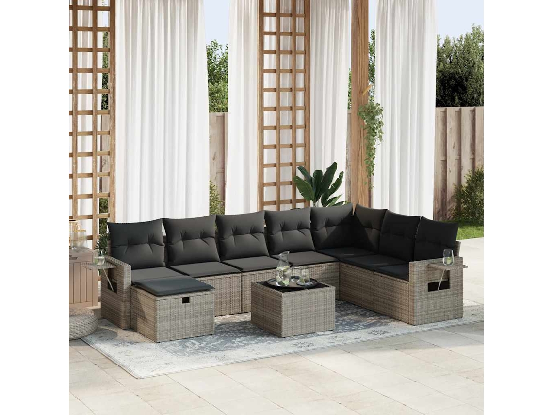 Vidaxl 9 Pcs Conjunto Sofás P/ Jardim Com Almofadões Vime Pe Cinzento