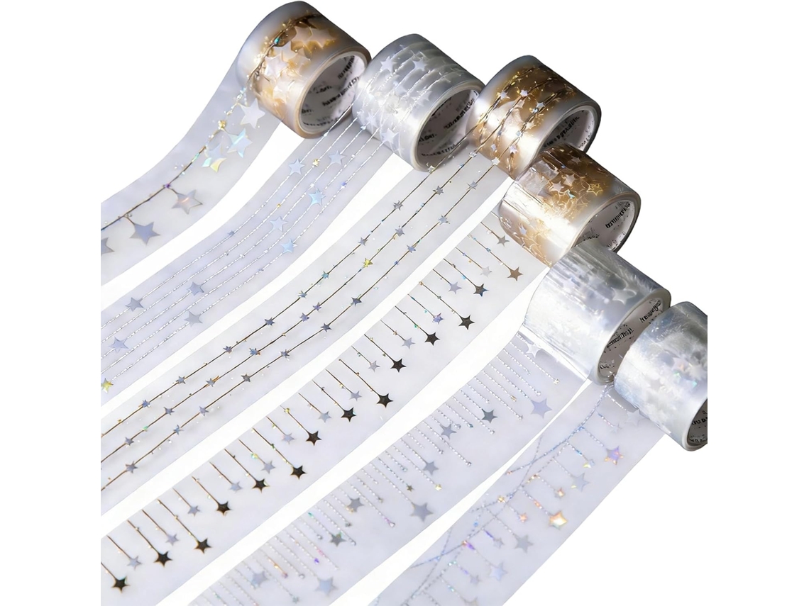 Conjunto De 6 Rolos Fita Pet Com Estrelas, 78, 7 Polegadas De Comprimento, Design Transparente Com Glitter Perolado