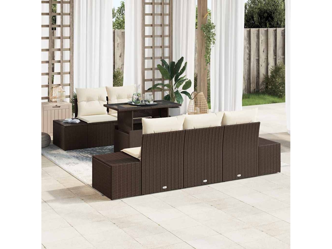 Vidaxl Conjunto De Sofás Com Almofada 6 Pcs Marrom E Creme Vime Pe