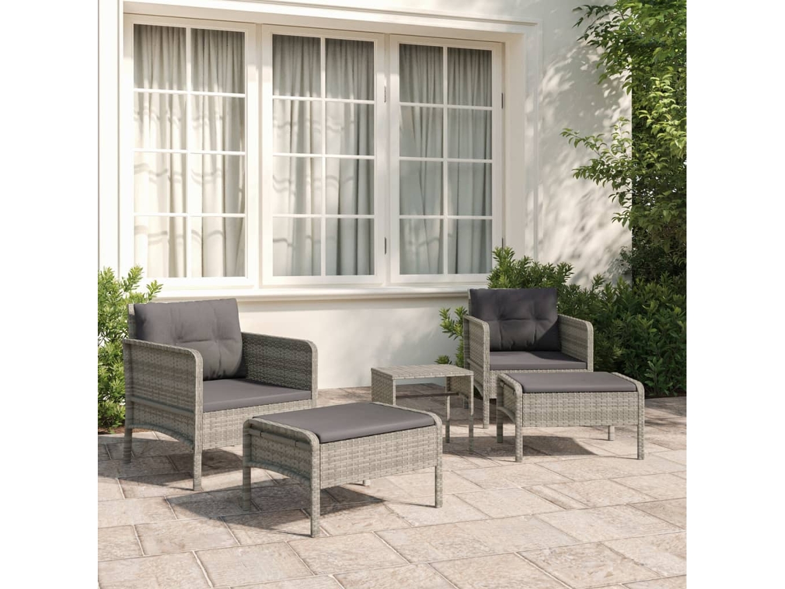 Vidaxl 5 Pcs Conjunto Lounge De Jardim C/ Almofadões Vime Pe Cinzento