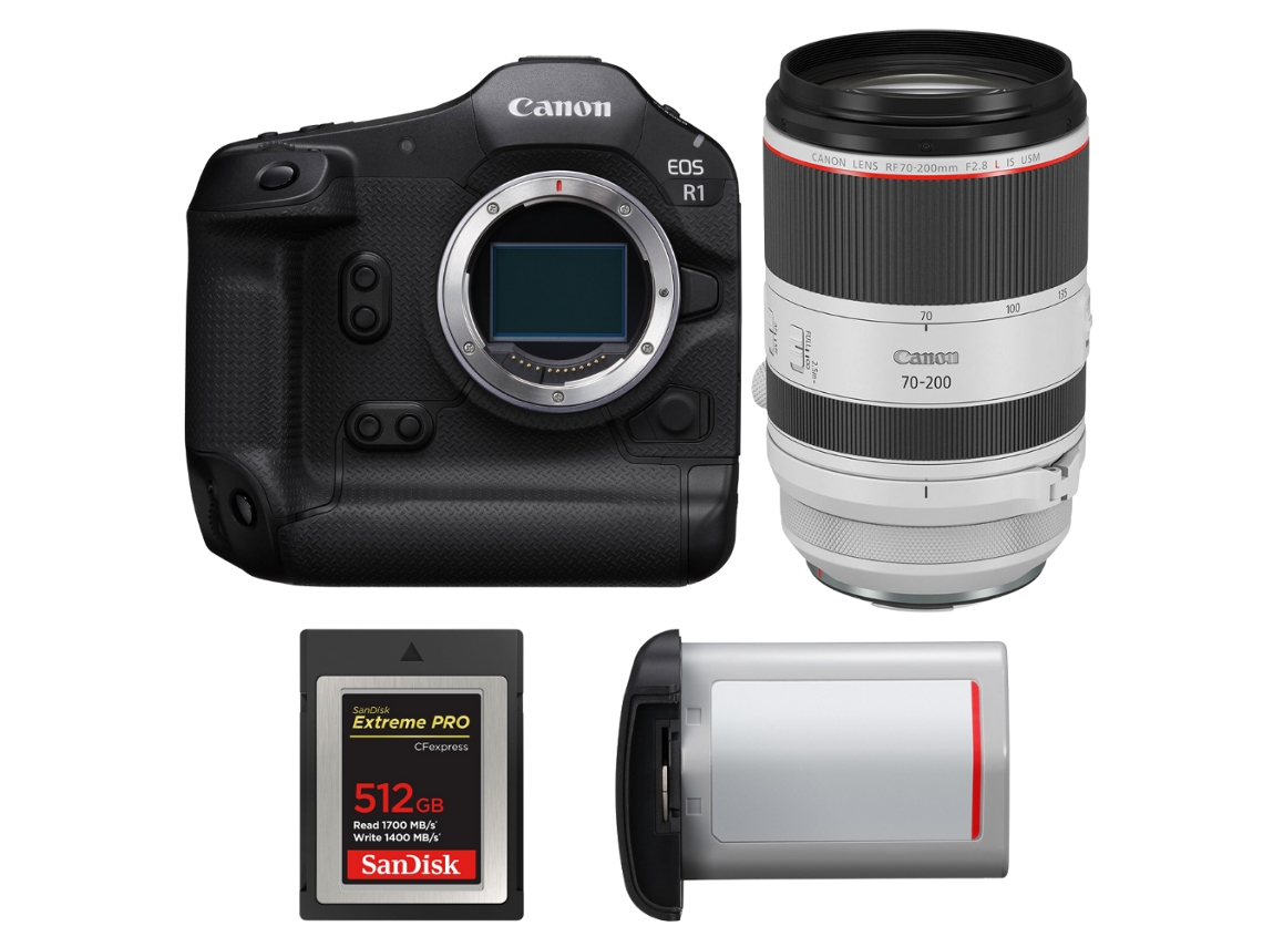 Eos R1 + Rf 70 200mm F/2.8 L Is Usm + 1 Sandisk 512gb Extreme Pro Cfexpress Type B + Canon Lp e19 + Ebook “20 Dicas para Fotos Que Impressionam” CANON