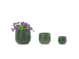 Conjunto De 3 Vasos Cerâmicos Ø23/17/12 Cm, Verde Escuro Brilhante, Relevo Pontilhado, Anti‑gelo, Drenagem, Jardim E Varanda