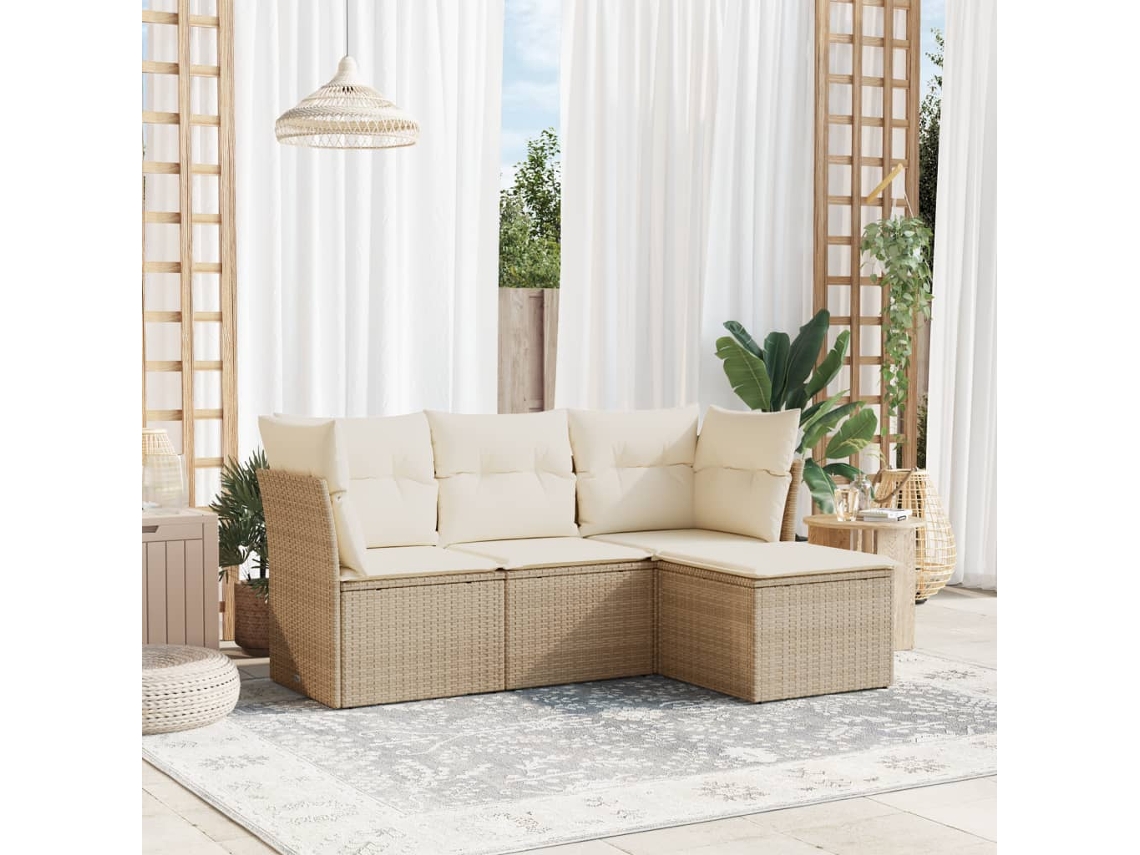 Conjunto de sofá de jardim de 4 peças com almofadas Vime Pe Bege Lovely Home