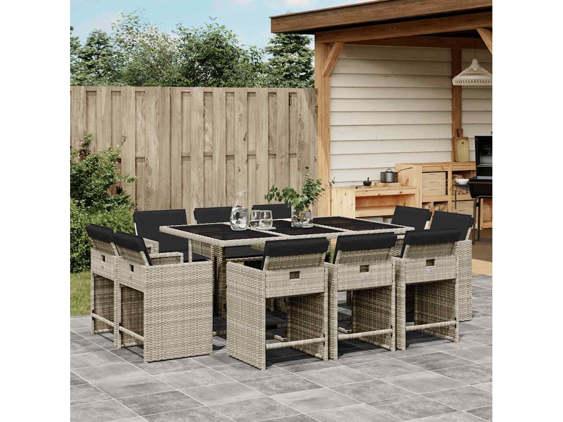 Vidaxl 11 Pcs Conjunto Jantar P/ Jardim C/ Almofadões Vime Pe Cinzento