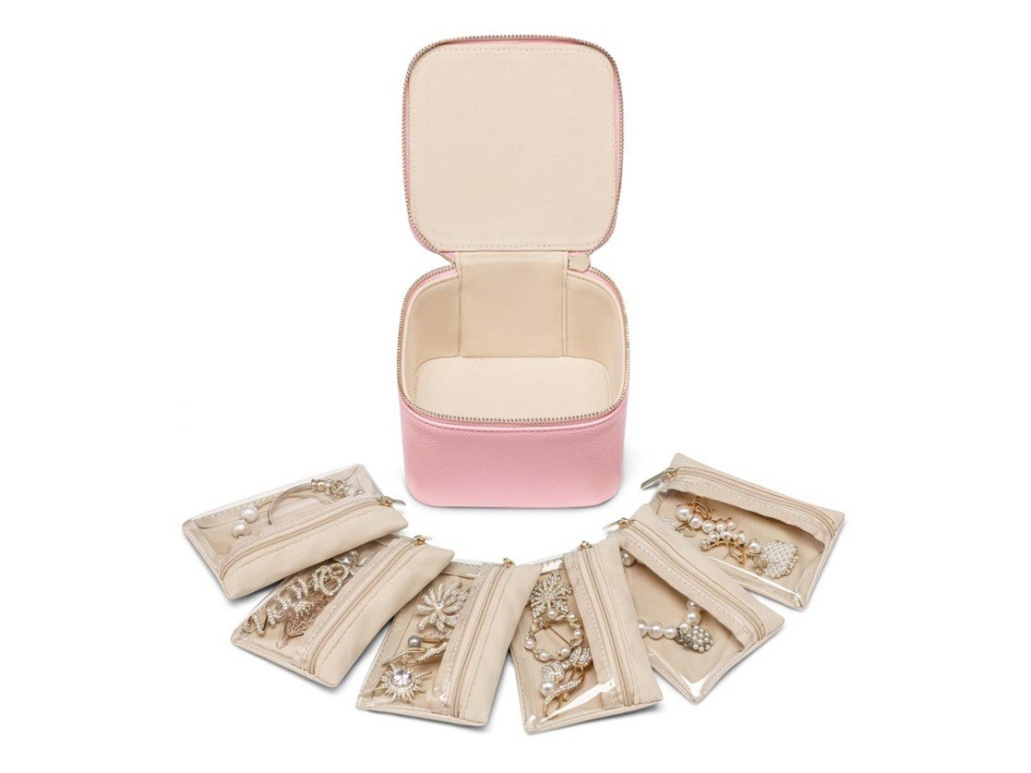 Caixa De Joias De Luxo Em Couro, Ideal Para Colares, Anéis E Brincos 13x13x8,5 Cm Mdug (rosa)