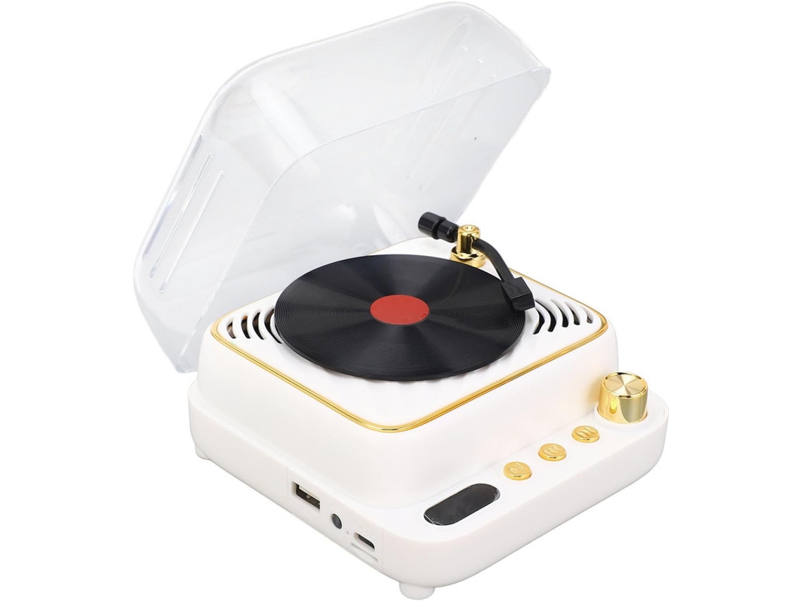 Mini Gira-discos Retrô Com Coluna Bluetooth, Estéreo Portátil Com Microfone, Entrada Auxiliar E Cartão Tf (branco)