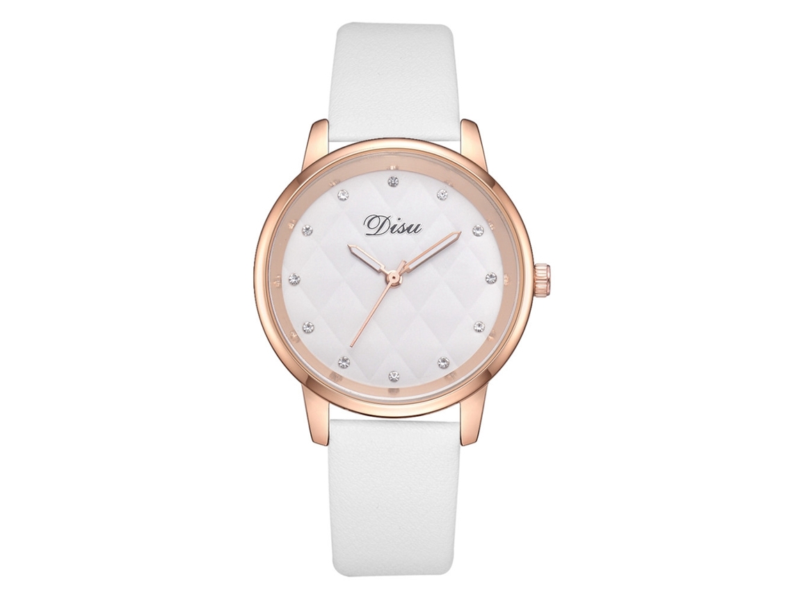 Relógio de Pulso Feminino de Couro Pu com Strass Mostrador Redondo Movimento de Quartzo Branco