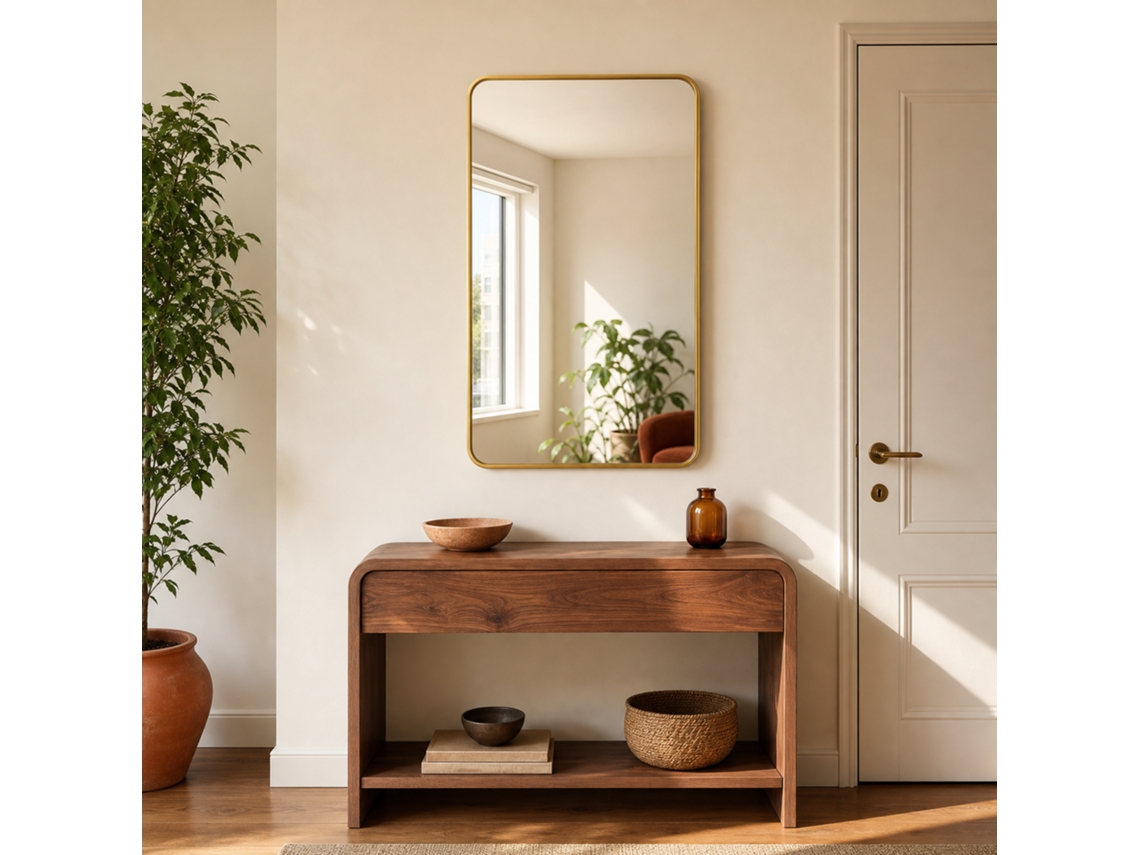 Lunamirror Theo 90 X 60 Cm, Espelho De Parede, Retangular Com Cantos Arredondados, Dourado