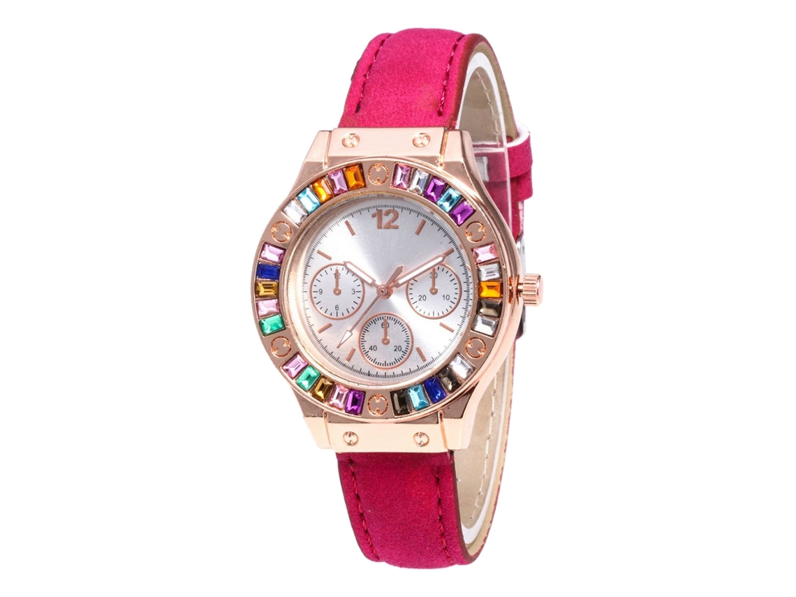 Relógio de pulso feminino com strass coloridos, pulseira de couro PU, movimento de quartzo, Zhoulianfa vermelho e rosa.