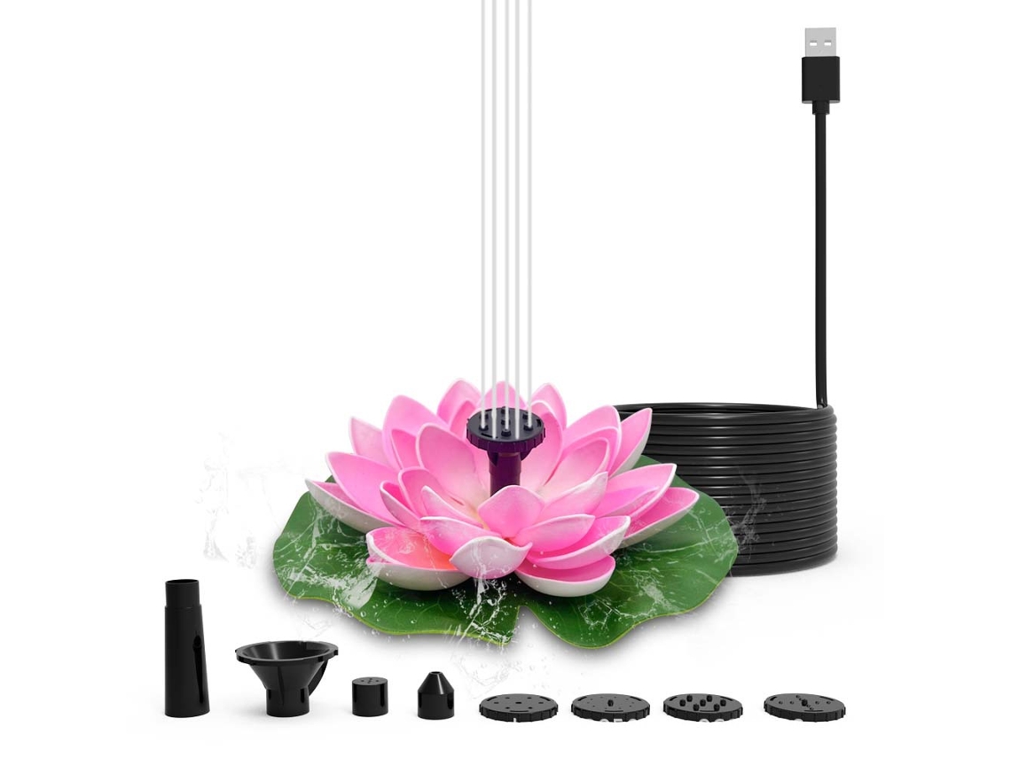Fonte Usb De Lotus Rosa Com 7 Bicos Intercambiáveis - Bomba De Água Decorativa Para Lago, Tanque E Jardim, Fonte Silenciosa E Versátil