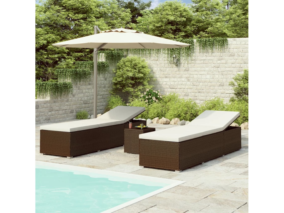 Vidaxl 3 Pcs Espreguiçadeiras Jardim C/ Mesa Centro Vime Pe Castanho