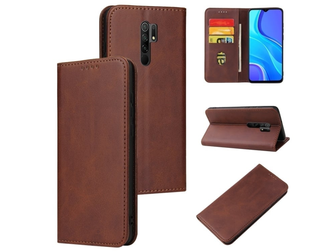 Capa Para Xiaomi Redmi A1 Plus/a2 Plus Bezerro Textura Magnética Caixa De Couro Flip Horizontal Com Titular E Cartão Slots Carteira Brown