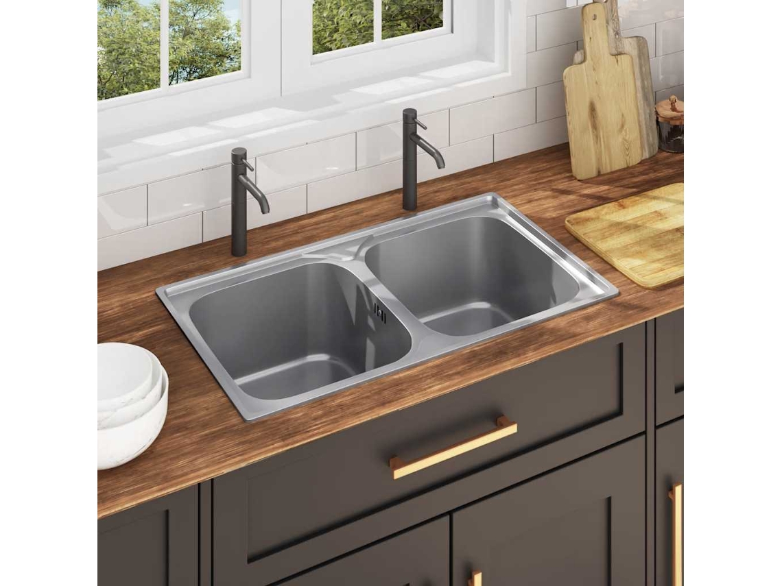 Vidaxl Lava-louças De Cozinha Com 2 Cubas Ralo E Sifão Aço Inoxidável