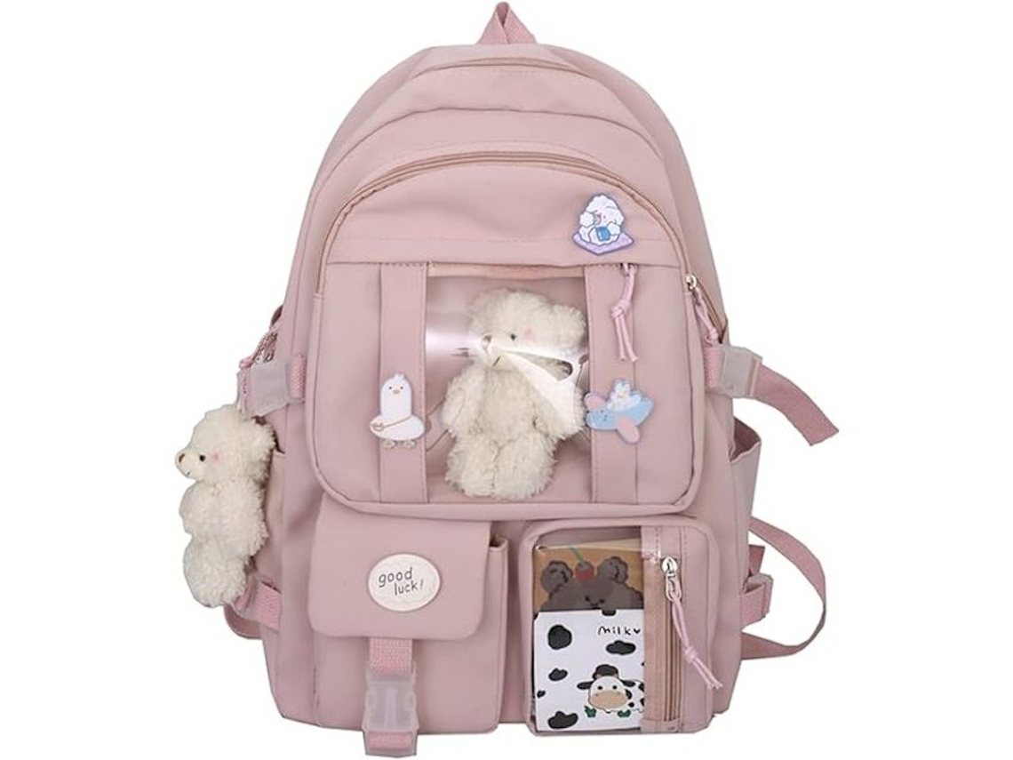 Mochila Escolar Kawaii Para Meninas, Fofa E Estética Com Agulha Acessórios Rosa. Aquaforge