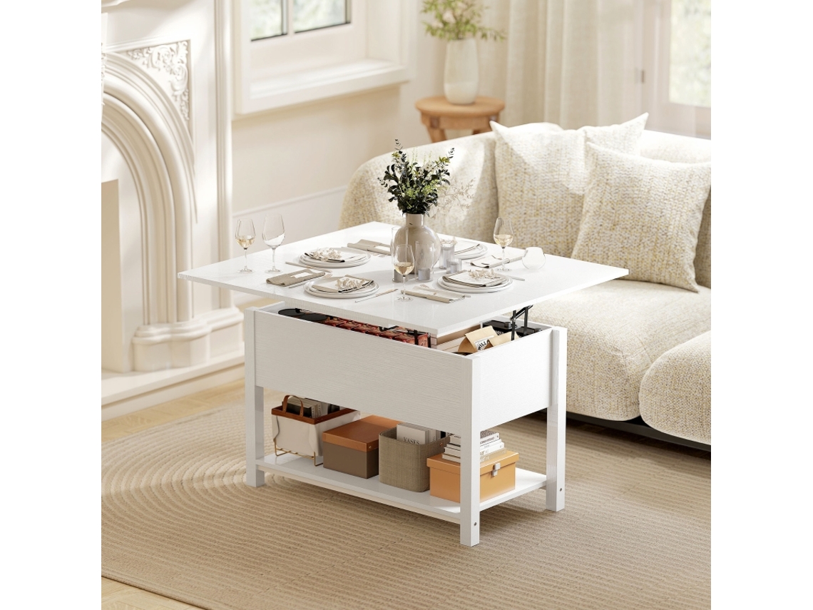Mesa Baixa Elevável E Extensível De Sala Com Compartimento Escondido E Prateleira Aberta 100x45x50,5 Cm Branca.