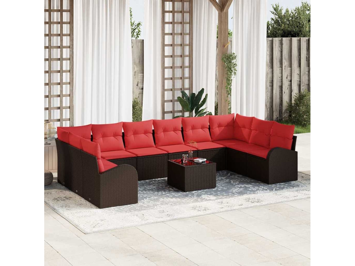 Vidaxl Conjunto De Sofá De Jardim 11 Unid. Marrom E Vermelho Vime Pe