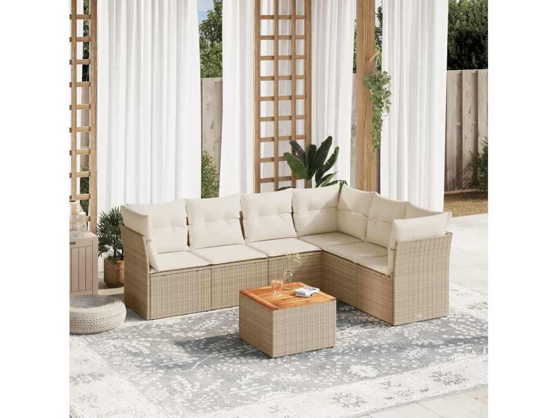 7 Pcs Conjunto De Sofás P/ Jardim Com Almofadões Vime Pe Bege Dkd Home Decor